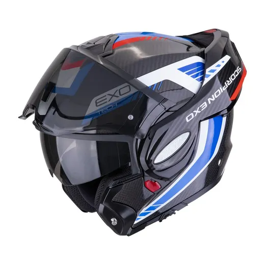 CASCO SCORPION EXO-TECH EVO CARBON COSSY NEGRO AZUL ROJO BRILLANTE